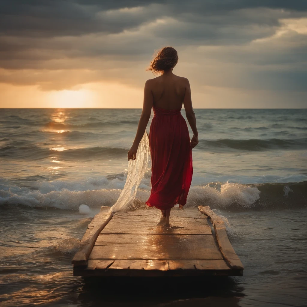 Lady is in the sea Washing her clothes on a wooden board and suddenly she looks towards the sea and there is a small board that lights up