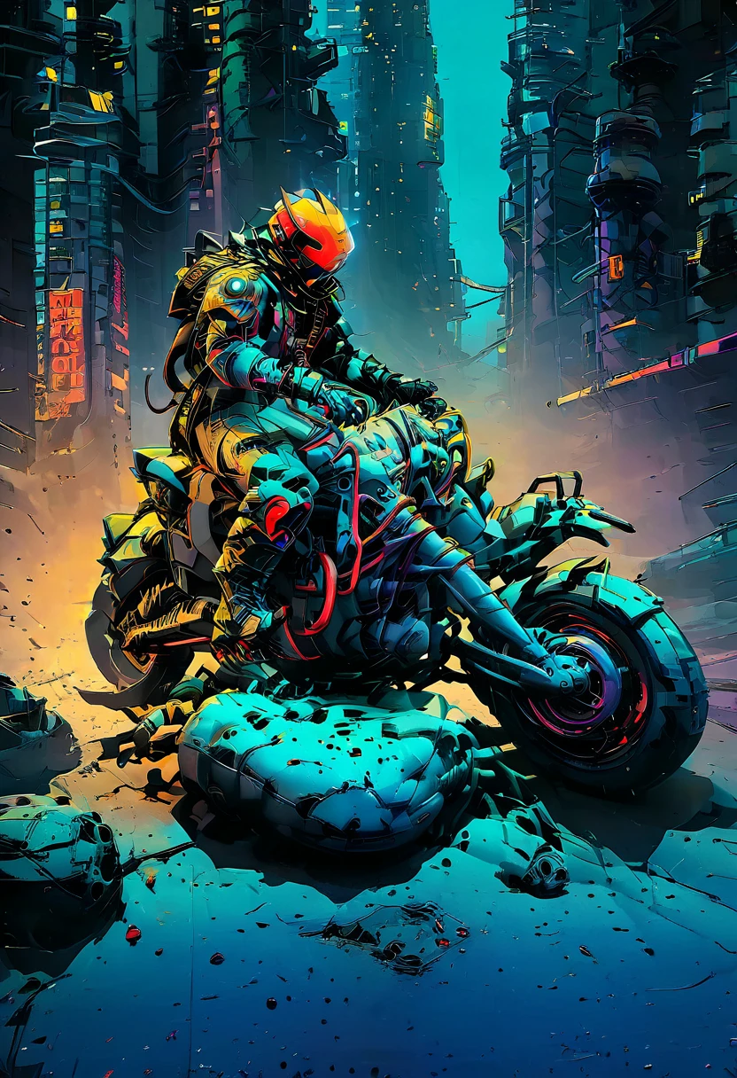 detailed cyberpunk motorcycle, futuristic motorcycle, riding on the road, motorcycle from behind view, 1 person riding motorcycle, intricate details, high resolution, 8K, photorealistic, hyper detailed, cinematic lighting, dynamic motion blur, gritty urban environment, neon lights, glowing cybernetic elements, chrome accents, weathered texture, mecha-inspired design, complex machinery, industrial cityscape, moody color palette, (Best Quality,4k,8K,high resolution,masterpiece:1.2),ultra detailed,sharp focus,(realist,photorealist,photo-realist:1.37), extremely fine,intricate details,intense lighting,dramatic lighting,Changing lighting,cinematic lighting,chiaroscuro lighting,dramatic shadows,dramatic moments,vivid colors,intense colours,Deep contrast,cinematic depth of field,cinematographic composition,cinematic camera angle