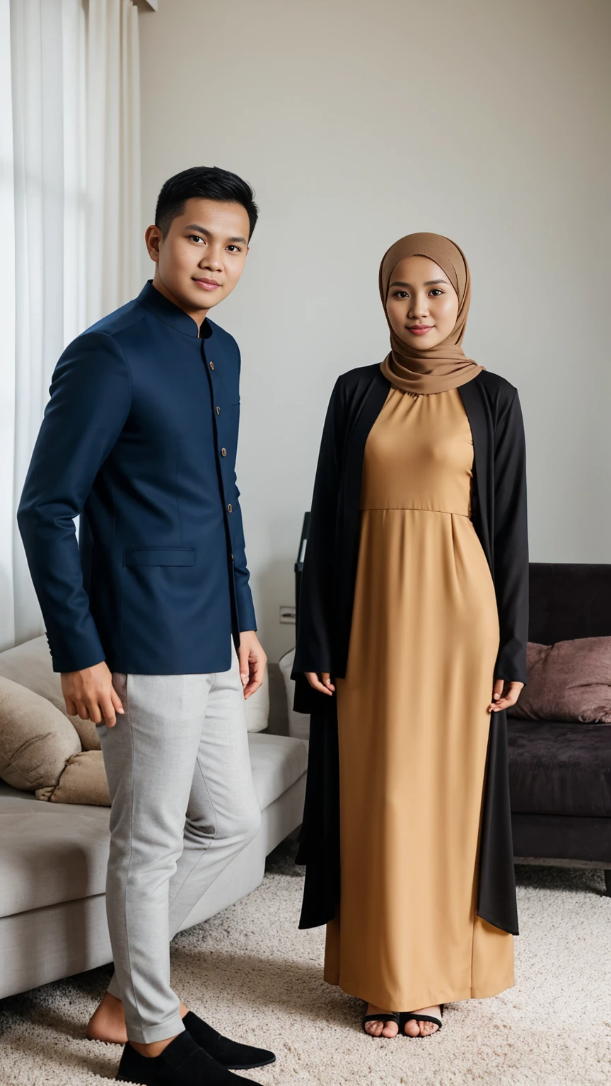 studio photo of a young Indonesian couple. full body, 32 year old husband with neat thin hair and a clean face wearing a suit, 30 year old wife wearing a hijab and abaya, detailed face, detailed clothes, living room background, bright lighting, bright sunlight, detailed background
