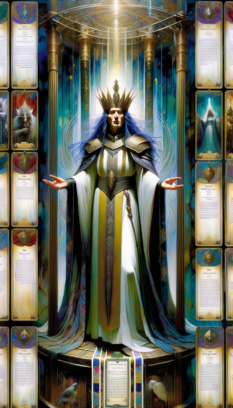 tarot card, the emperor, woman between two columns, one white column and one black column, FULL frames of tarot cards ((text on card: "EL EMPERADOR")) (by Brian Froud and Carne Griffiths and Wadim Kashin, intricate details, oil paint)