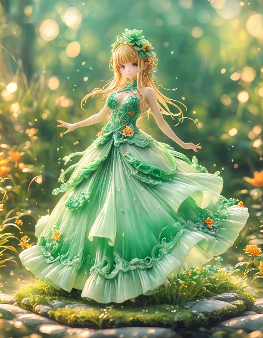 best quality, very good, 16K, ridiculous, Very detailed, charming((( Evening dress 1.3)))，Made of translucent jadeite, Background grassland（（A masterpiece full of fantasy elements）））， （（best quality））， （（Intricate details））（8K）