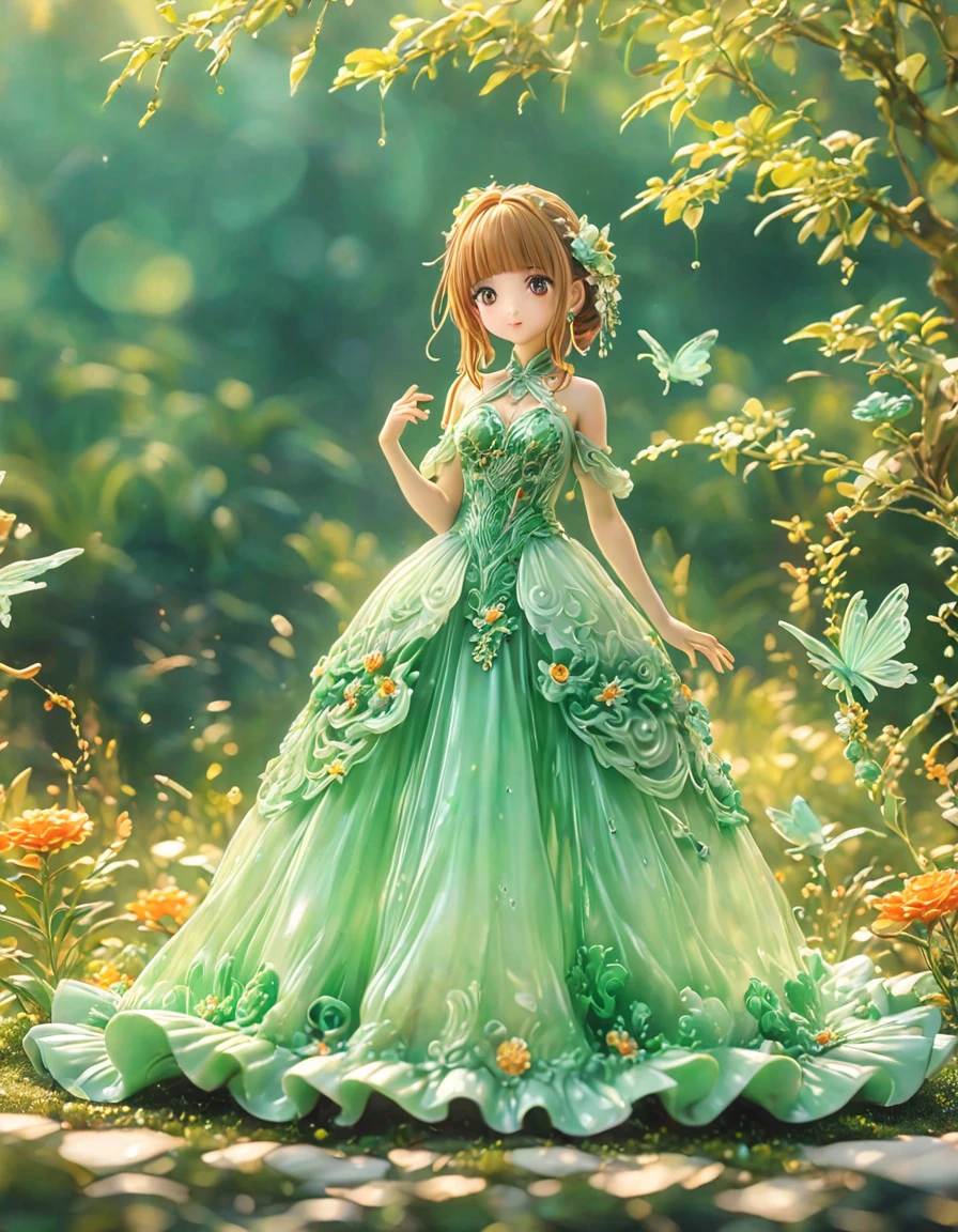 best quality, very good, 16K, ridiculous, Very detailed, charming((( Evening dress 1.3)))wing，Made of translucent jadeite, Background grassland（（A masterpiece full of fantasy elements）））， （（best quality））， （（Intricate details））（8K）