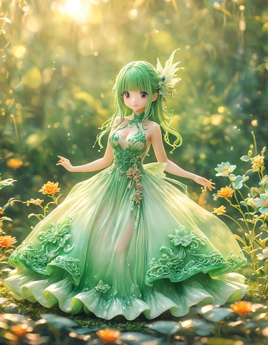 best quality, very good, 16K, ridiculous, Very detailed, charming((( Evening dress 1.3))),Made of translucent jadeite, Background grassland((A masterpiece full of fantasy elements))), ((best quality)), ((Intricate details))(8K)