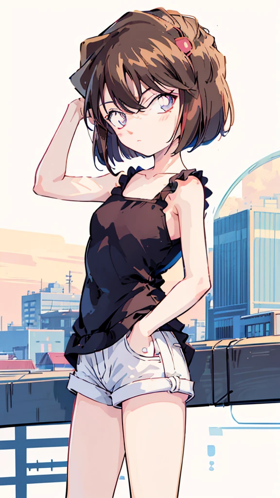 anime style, (1girl in, Solo:1.0), (Haibara Ai), ((Short pants)), (((Big eyes))), (Cute anime girl head), (flat chest),looking at viewer,With a height of 100cm, shoot from front, (head shot), Simple line minimalism, Abstract Art, City background, anime opening movie