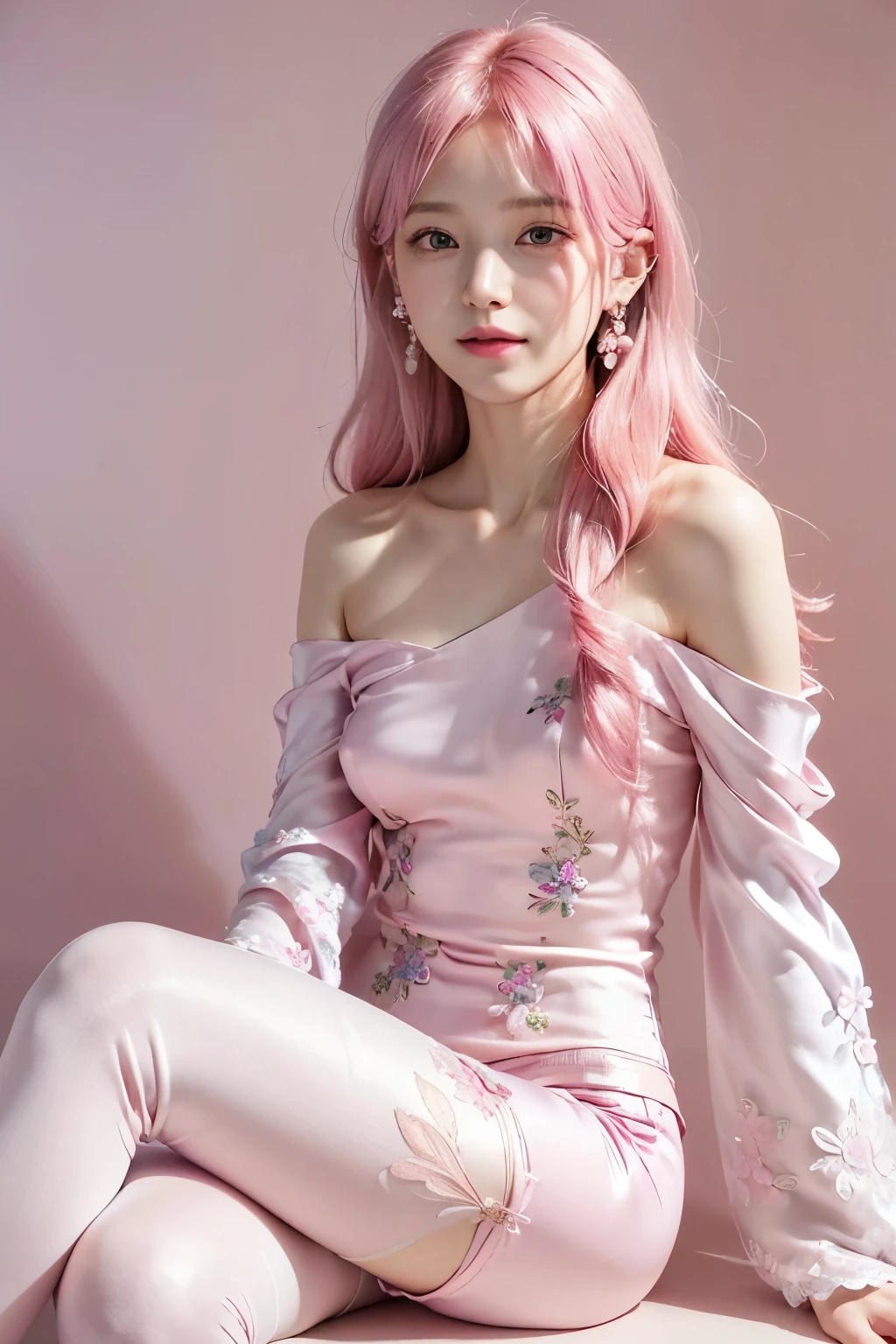 photorealistic, high resolution, 1women pregnant, solo, hips up, look at viewer, (detailed face), ahoge, architecture, bangs, bare shoulders, pregnant bellly, pink gloves, pink pantyhose, (pink hair), blush, breasts, chinese knot, detached sleeves, east asian architecture, flower knot, gloves, red headdress, yae miko hair, yae miko \(genshin impact\), bow
