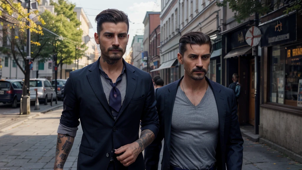 Ultra-realistic, cinemartic, man, 32 years old, dark brown hair, side parted hairstyle with shaved sides, thin mustache, tattoo on right arm and neck, wears navy blue blazer, dark grey stripted collarless shirt, dark purple neckerchief, walks on street of Moscow, summer, sunny day
