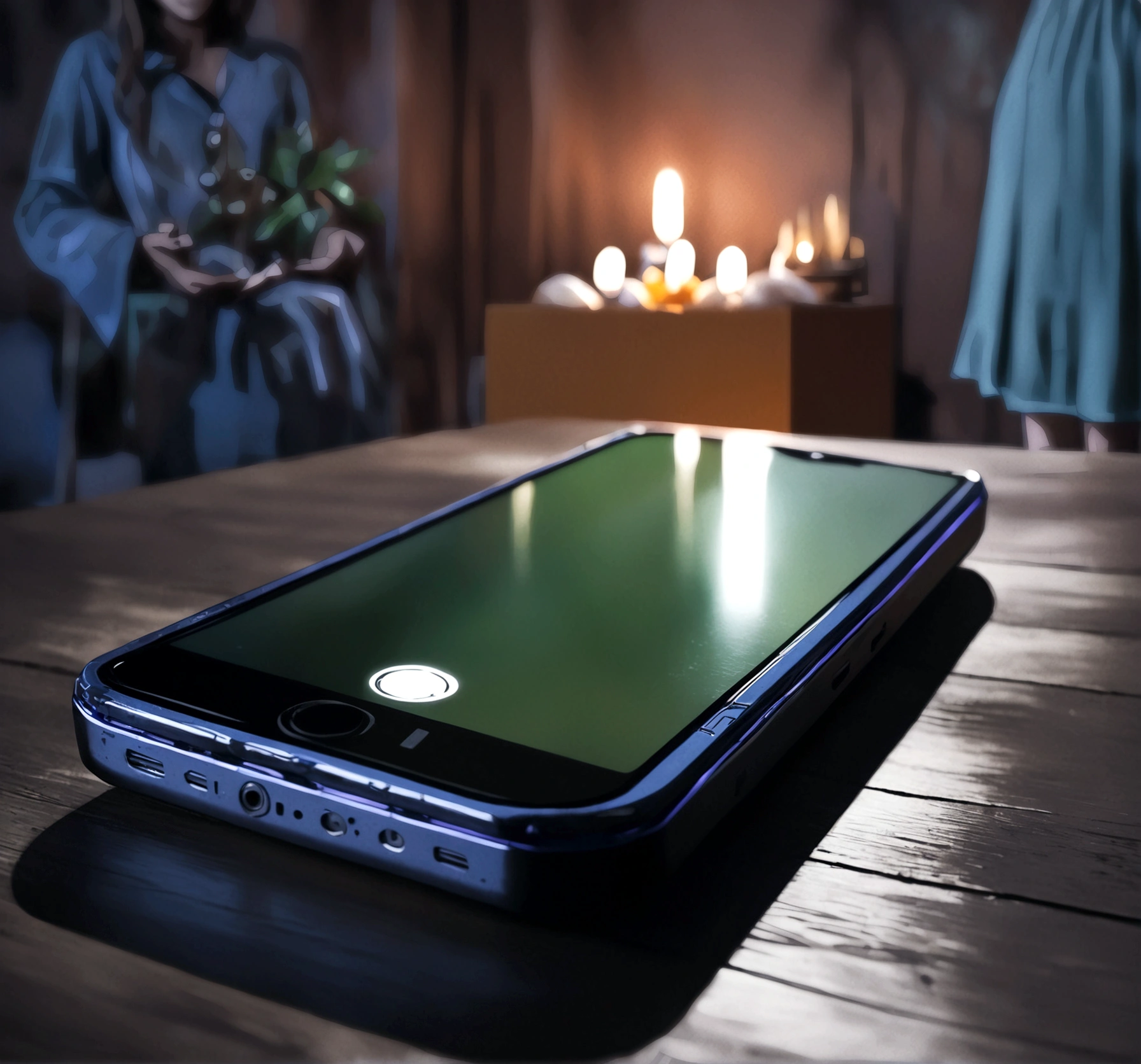 a ringing smartphone on a table in a dark room, horror thriller ambient, HDR, moody dark palette colors, intricate detailed textures, dramatic lighting, photorealistic, cinematic composition, atmospheric, eerie,