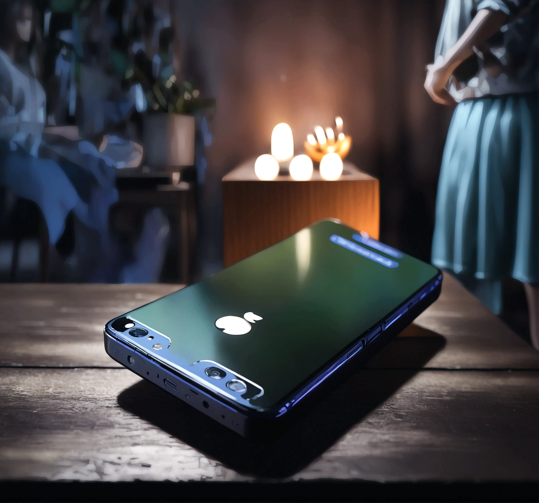 a ringing smartphone on a table in a dark room, horror thriller ambient, HDR, moody dark palette colors, intricate detailed textures, dramatic lighting, photorealistic, cinematic composition, atmospheric, eerie,