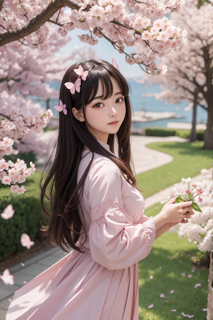 cute teenage girl, Laugh while looking at the peach tree、full body shot、Height: approx. 160cm, brown eyes, Spring-like pink clothes, braided black hair, masterpiece, 最high quality, 超high quality, high quality, High resolution, ultla High resolution, disorganized, 4k, 8K, 16k, very detailed, Complex, great shading, high contrast, realistic, photo realistic, RAW photo, photo shoot, super detailed illustrations, shortening, perfect anatomy, correct anatomy, perfect proportions, perfect face, perfect hands, perfect legs, perfect fingers、The background is a bright peach tree々
