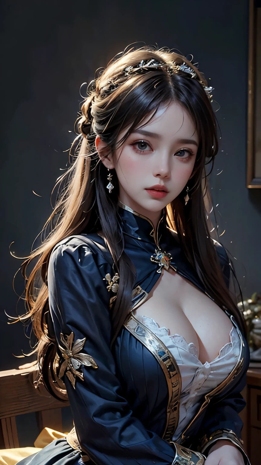 (Front Focus), (In the Dark:1.6), Hyperrealist Female Portrait by David Hockney and Alphonse Mucha, Fantasy art, Photo Real, Dynamic Lighting, Art Station, Poster, Volumetric lighting, Highly detailed face, 4k yen, Awards, One girl, In the Dark, Deep Shadow, Modest, Cowboy Shot, (Official attire:1.4), Long Hair, Gray Hair, big firm bouncing bust