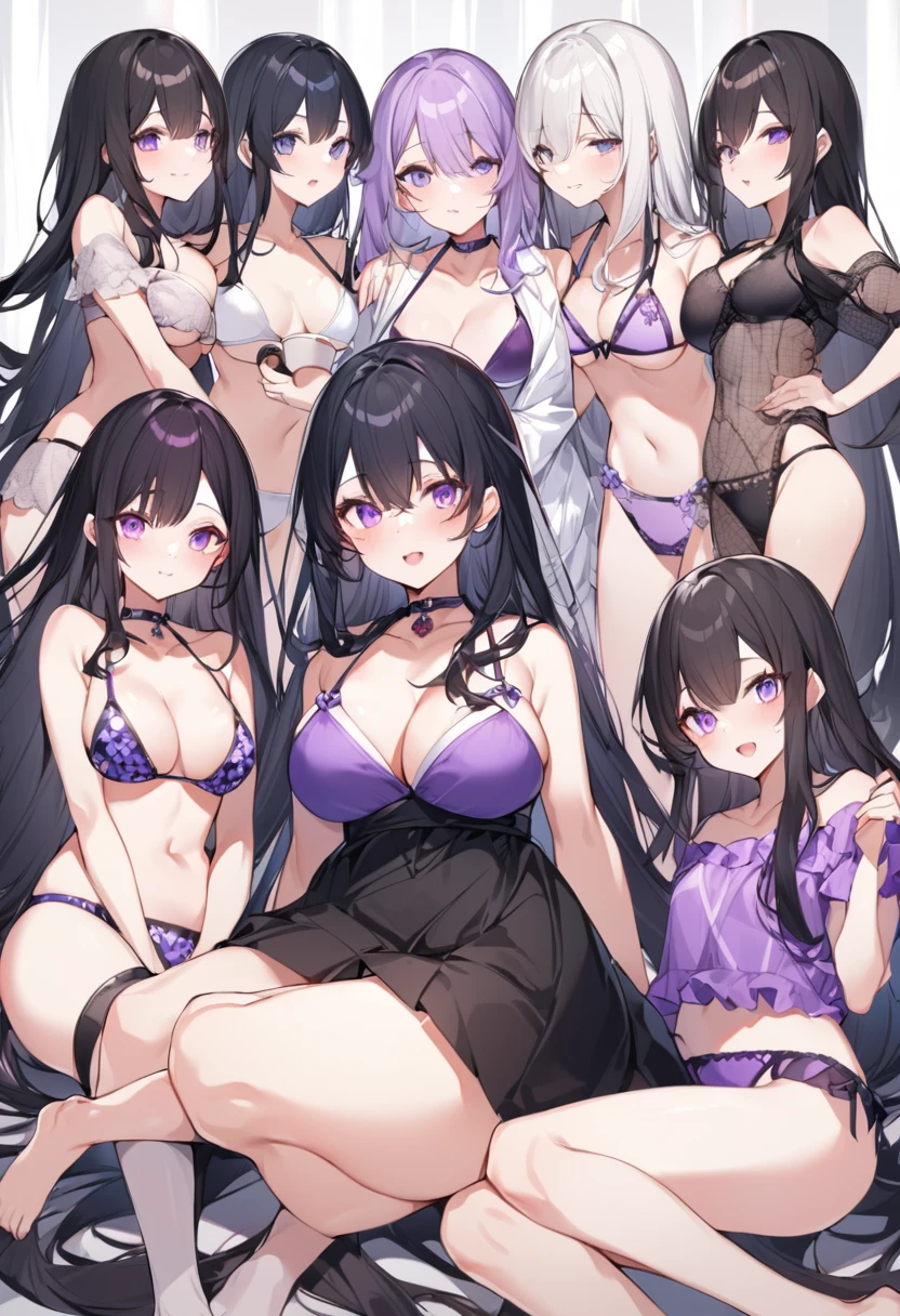 Wearing a purple bikini、barefoot。hair is black、Purple eyes。 are K cup。The skin is white and、Long hair。Has one brother and one sister。My sister has an E cup。All of them have black hair。6 siblings。It's like diving into the ocean and looking at the coral reefs and fish.。Like we're lined up on the beach with the beach houses。My brother is wearing a purple diving suit.。I have one older brother.。I have five sisters.。A total of 6 people including myself