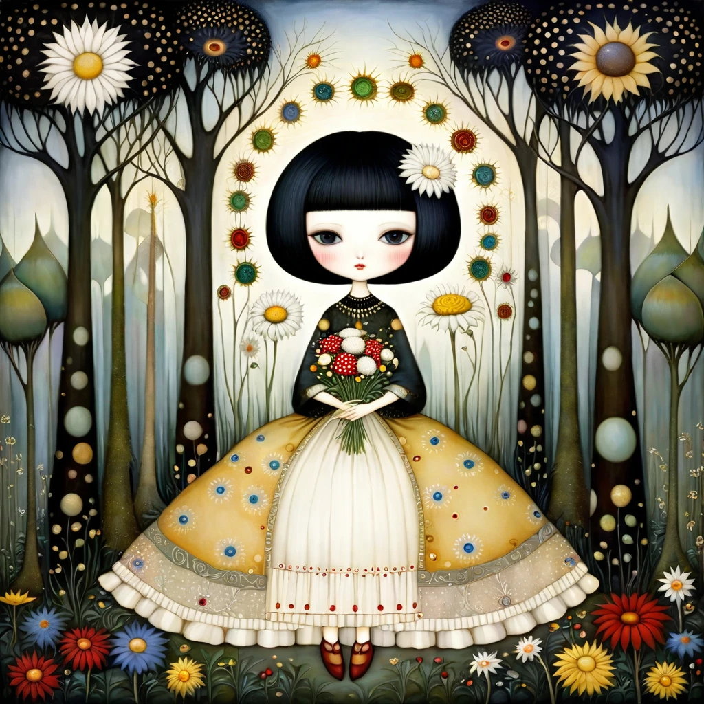 Patchwork by Klimt, Nicoletta Ceccoli, Naoto Hattori, Lawrence Didier, Leonora Carrington of European Woman with short black hair and a long wide skirt, Sitting in forest with small trees, holding flowers and berries in her hands. white dandelion and flowers of the Gazania.
