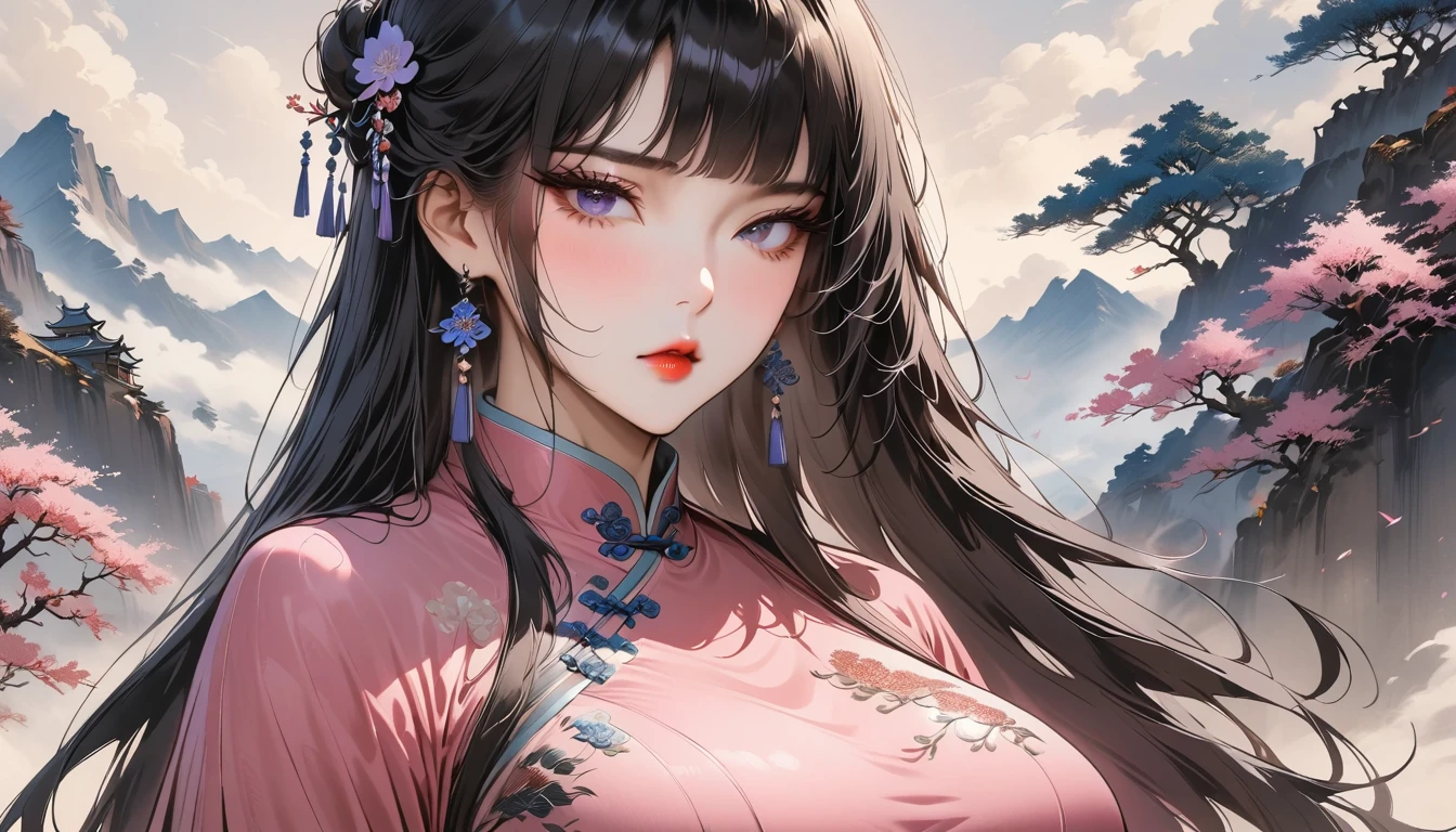 (Masterpiece, Best Quality: 1.3), 1girl, (Conservatively Dressed: 1.8), pink-purple cheongsam, pink-purple qipao, (Mature: 1.4), Cold Eyes, Gorgeous Accessories, Fluttering Cloak, very aesthetic, national painting, Clothing ink painting style, medium shot, gradient hair, blunt bangs, high detail, Masterpiece, super detail, best quality
