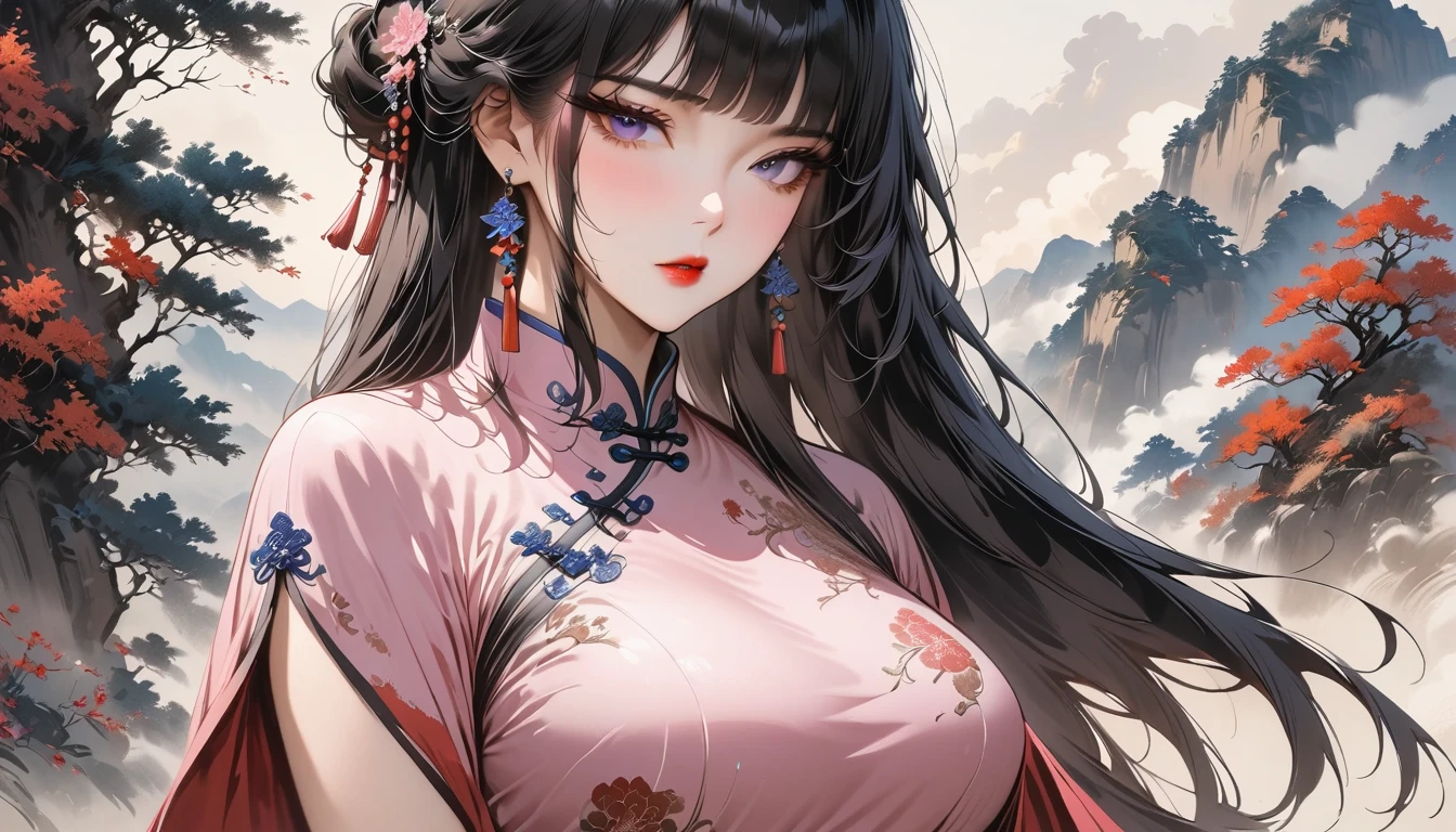 (Masterpiece, Best Quality: 1.3), 1girl, (Conservatively Dressed: 1.8), pink-purple cheongsam, pink-purple qipao, (Mature: 1.4), Cold Eyes, Gorgeous Accessories, Fluttering Cloak, very aesthetic, national painting, Clothing ink painting style, medium shot, gradient hair, blunt bangs, high detail, Masterpiece, super detail, best quality