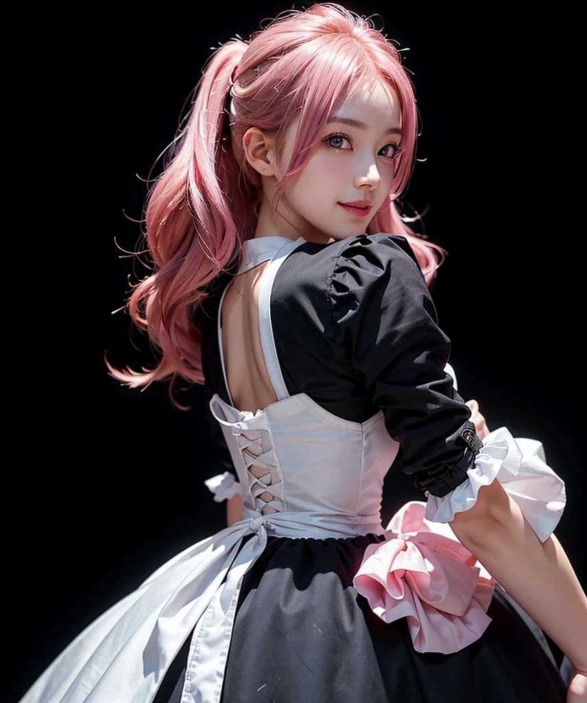a beautiful girl,pink hair,back pose,looking at to the viewer,(Very Detailed: 1.3),ultra realistic,HDR,(High Dynamic Range),8K RAW,(((1GIRL))),(((wearing maid dress))),smile face,(((black background))),masterpiece,best quality,perfect proportions