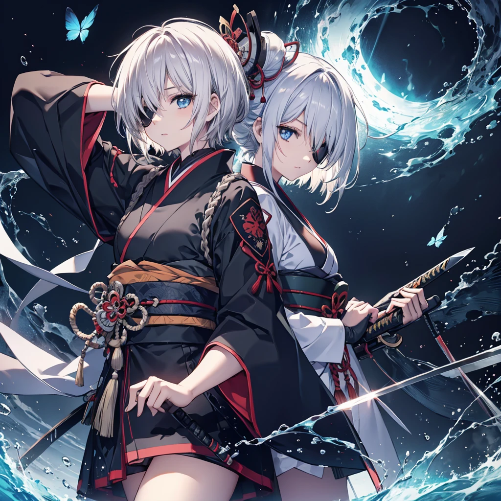 (((1 person Put on an eye patch Gray Hair))) ((High resolution short hair Black kimono Shoulder knifeを胸の前で構える)) ((Black Band samurai Lonely despair blue eyes Close-up)) ((Blue Butterfly night Japanese style old Shining Aura garden water surface Catch the wind)) (dance 日本knife knife Slashing) 月night moonlight star Draw your sword Shining Background Shining Edge