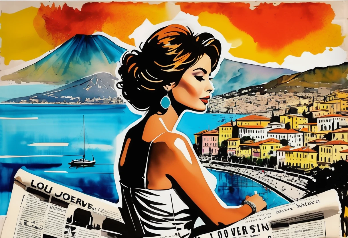 (ink on newspaper in the style of Loui Jover:1.5), NAPLES LANDSCAPE, VESUVIO, SEA, sofia loren naples gulf, Envision an art movement inner thoughts and emotions as vibrant, shifting patterns of color and light
