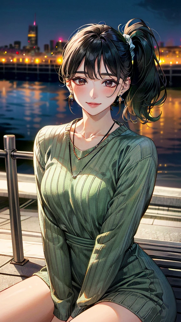 (masterpiece:1.3, Highest quality, Ultra-high resolution, Super detailed), (Realistic, photoRealistic:1.4), Beautiful illustrations, Perfect lighting, colorful, Depth of written boundary, Beautiful detailed hair, Beautifully detailed face, Beautiful fine details, Droopy eyes、Beautiful clavicle, Beautiful body, 美しいLarge Breasts, Beautiful thighs, Beautiful feet, Beautiful fingers, View Viewer、Front view:0.6, Beauty1人, Japanese, Beauty、30 years old, Perfect Face, (Perfect Anatomy, Anatomically correct), Cute and symmetrical face, Baby Face, , Shiny skin, (Dark green long sleeve knit A-line dress:1.4) (Black Hair, Side Ponytail:1.4), braided bangs、Dark brown eyes, Large Breasts, Slim body, necklace, Small earrings:1.1, (Beautiful views), (night), (city, cityscape in the distance), Riverside、Sitting on a bench, A soft smile、(Smile, Lips parted),