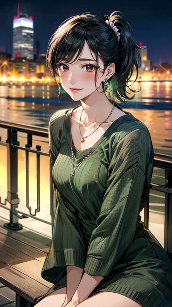 (masterpiece:1.3, Highest quality, Ultra-high resolution, Super detailed), (Realistic, photoRealistic:1.4), Beautiful illustrations, Perfect lighting, colorful, Depth of written boundary, Beautiful detailed hair, Beautifully detailed face, Beautiful fine details, Droopy eyes、Beautiful clavicle, Beautiful body, 美しいLarge Breasts, Beautiful thighs, Beautiful feet, Beautiful fingers, View Viewer、Front view:0.6, Beauty1人, Japanese, Beauty、30 years old, Perfect Face, (Perfect Anatomy, Anatomically correct), Cute and symmetrical face, Baby Face, , Shiny skin, (Dark green long sleeve knit A-line dress:1.4) (Black Hair, Side Ponytail:1.4), braided bangs、Dark brown eyes, Large Breasts, Slim body, necklace, Small earrings:1.1, (Beautiful views), (night), (city, cityscape in the distance), Riverside、Sitting on a bench, A soft smile、(Smile, Lips parted),