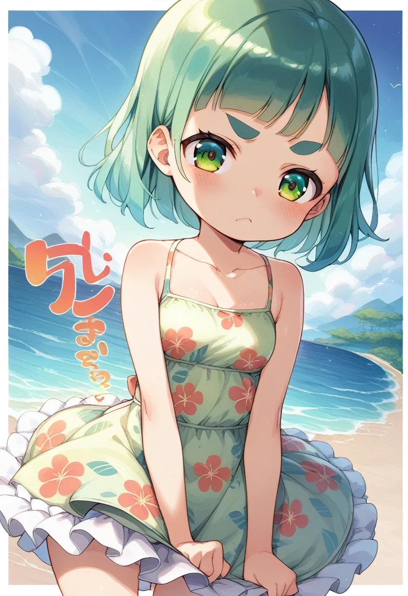 Menina de 5 anos na praia, cabelo longo, liso, olhos brilhantes, fear expression, Wearing modern children's clothing, em uma praia, poses and facial expressions, children's illustration style, simples, Fofa, cores. Pintura SNES