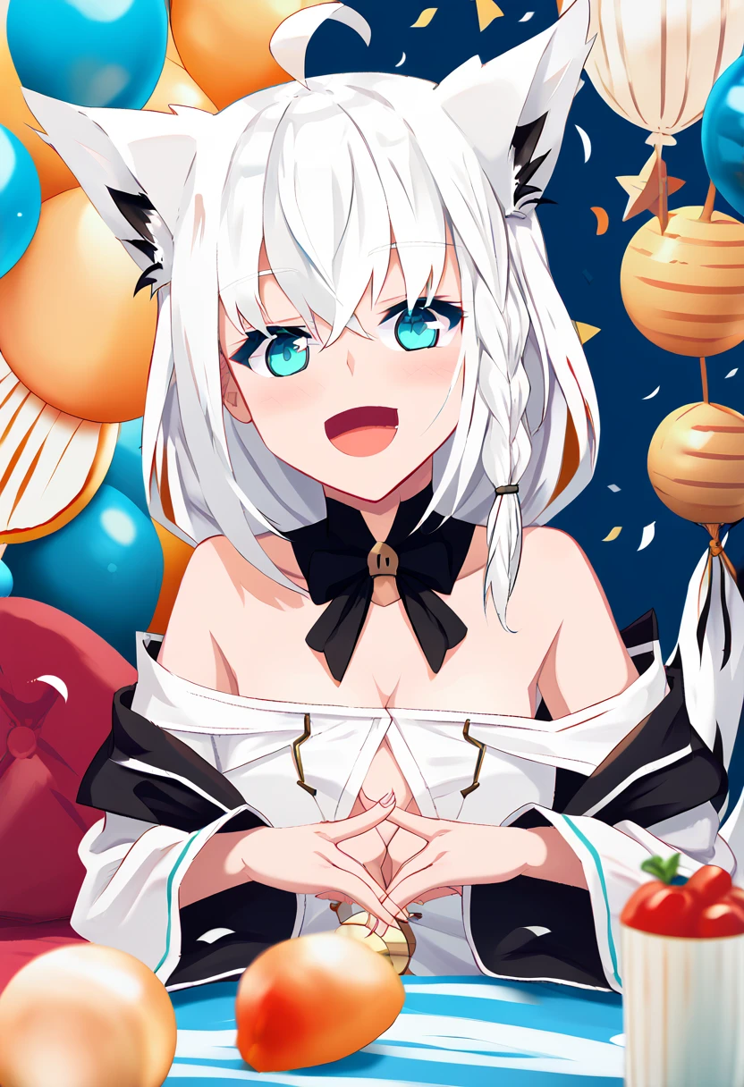 {{{shirakami_fubuki}}}, fox girl, white hair,braid, ahoge, animal ear fluff, aqua eyes, black ribbon, white shirt, off shoulder