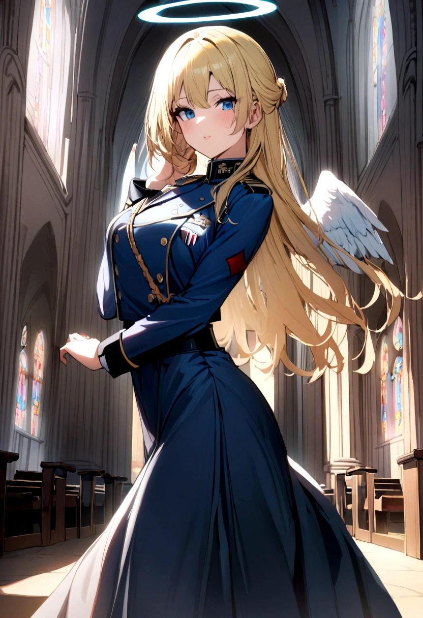 1girl, blue military uniform, long skirt, blond hair, church background, angel halo,