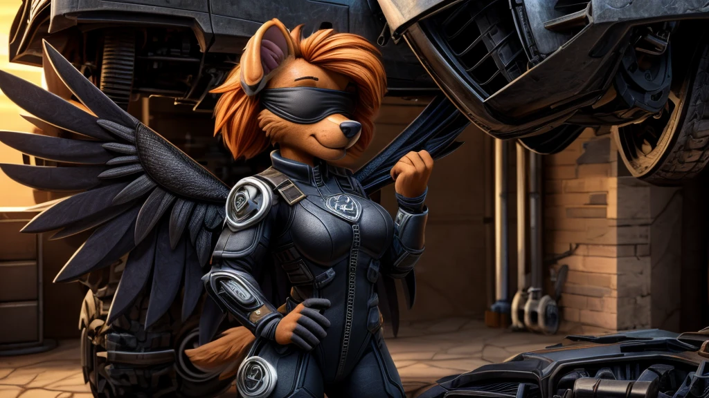 Skye from Paw Patrol, female cockapoo, anthro, adult, orange hair, blindfold, she is blind, dark pink combat armor bodysuit, serious, standing, detailed, solo, beautiful, high quality, 4K