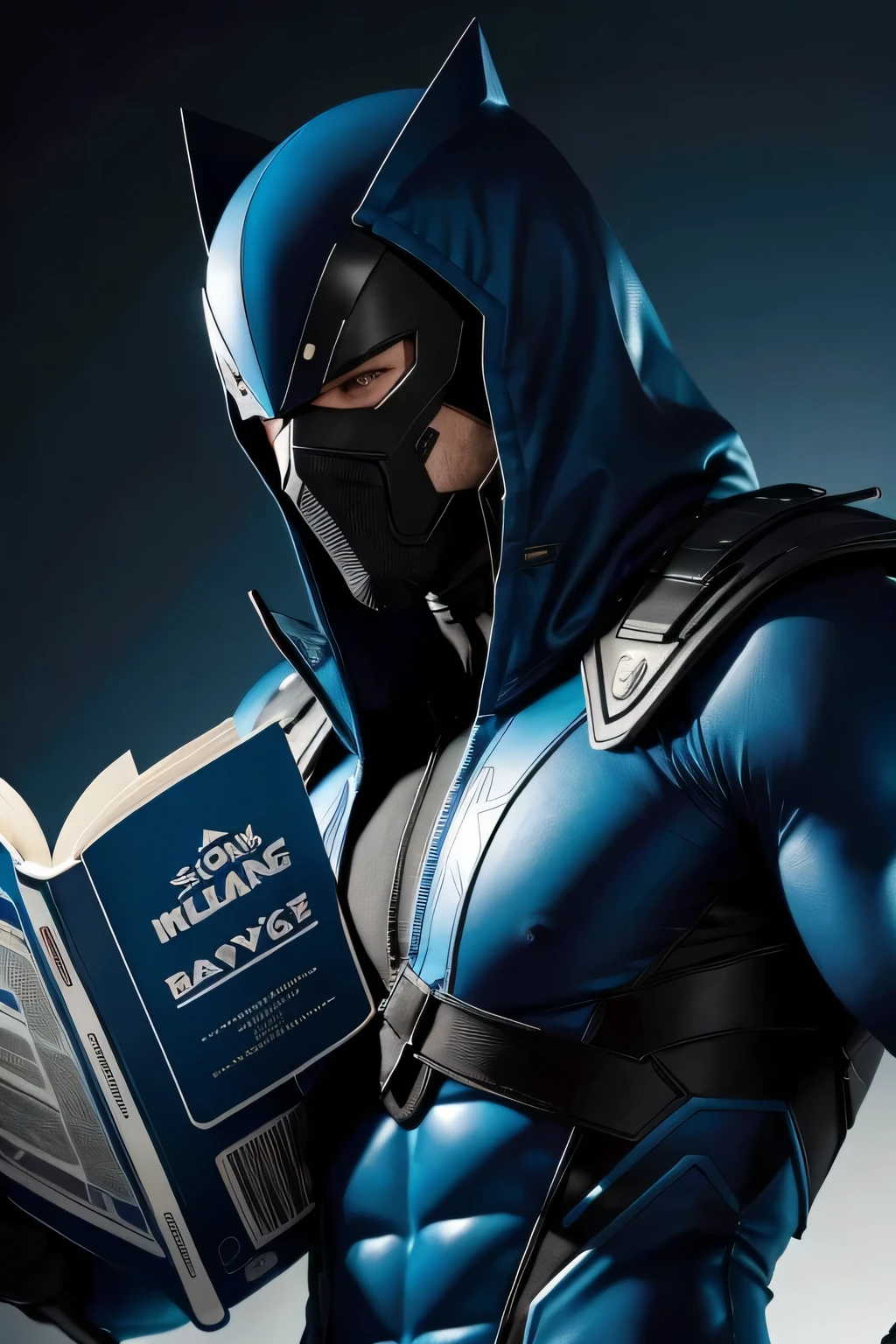 I wish there was a man of 1,90 strong for comics with blue clothes and black details with blue mask and black details for book cover other than in Japanese and without cover
