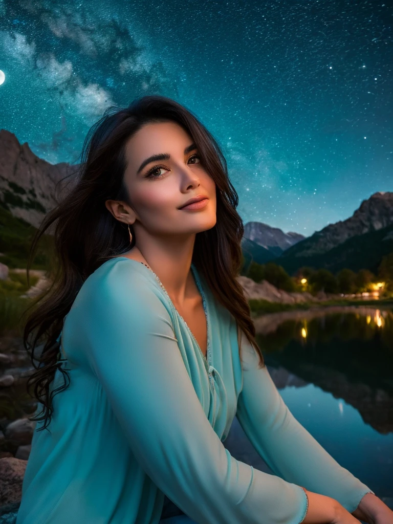 a beautiful woman with her chin propped up with a dreamy expression on a very starry night. Big moon behind the mountains. The calm lake reflects the night. realistic scene, detail, Photorealism, 8k