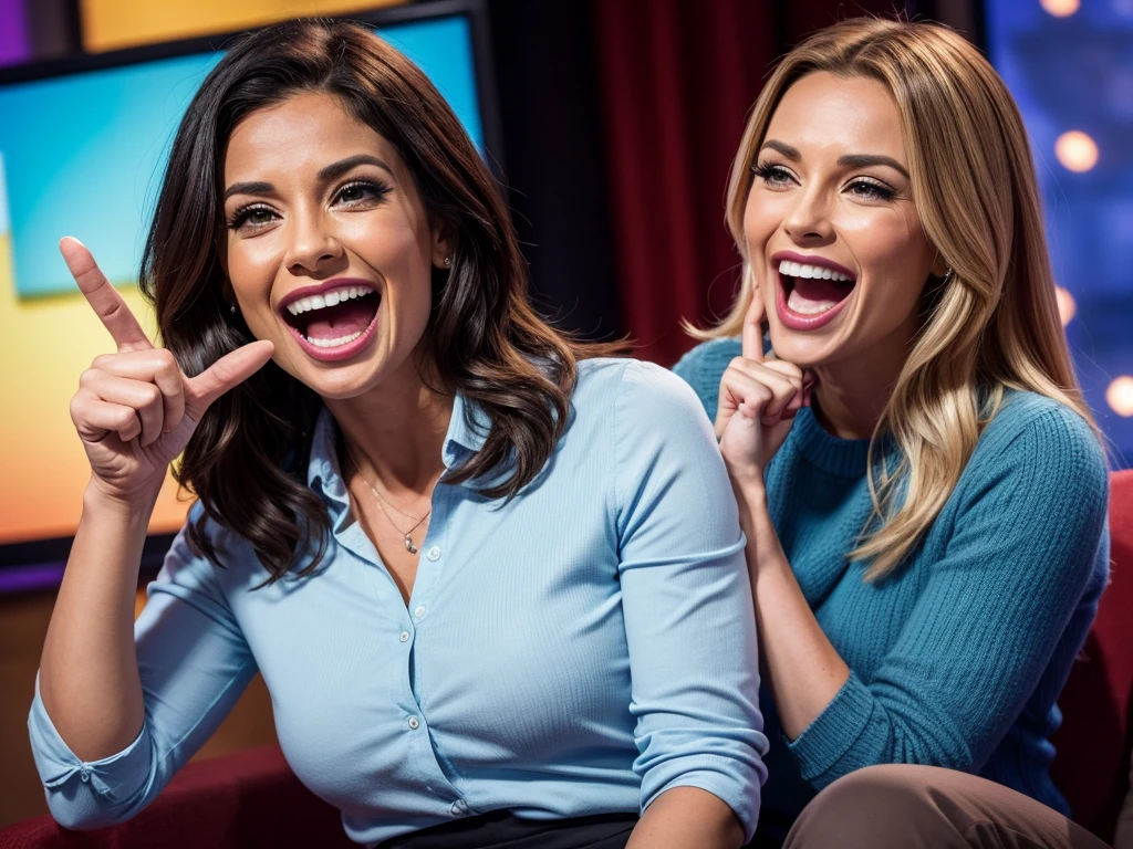 A TV show presenter with a very wide smile pointing his finger in the face of a person in the audience, the woman is screaming in despair with her mouth wide open 