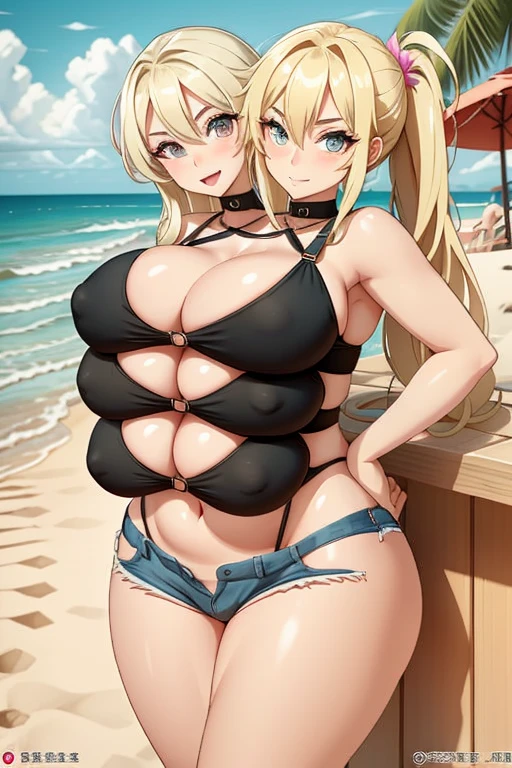 2heads, a tall chubby woman with 2 heads. She has four giant breasts. She is outside at a beach bar. She is wearing a flower bikini top and jean shorts. She has long blonde hair in a ponytail. She has four huge breasts. She is relaxed. She looks mature. She is extremely tall. She looks happy, seductive expression. She has two legs with thick thighs. She is wearing eyeliner. Bimbo.