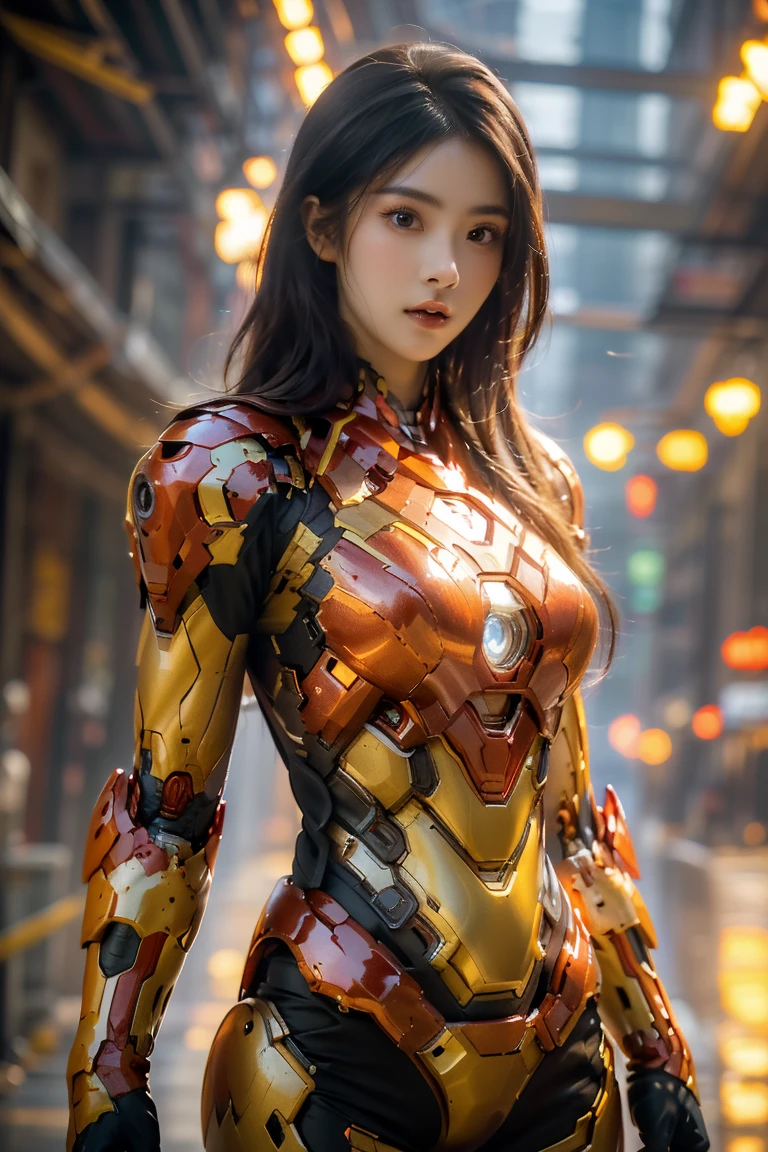 A girl wearing red Iron Man armor，Exposing sexy belly,((cowboy shot))，Looking at the camera，Detailed facial features, beautiful eyes, Lips, and long eyelashes, Reality, 8K， Very detailed, Studio Lighting, Dramatic Lighting, Vibrant colors, work, City Streets，The abdomen is open，Showing belly，Sexy abdominal muscles
