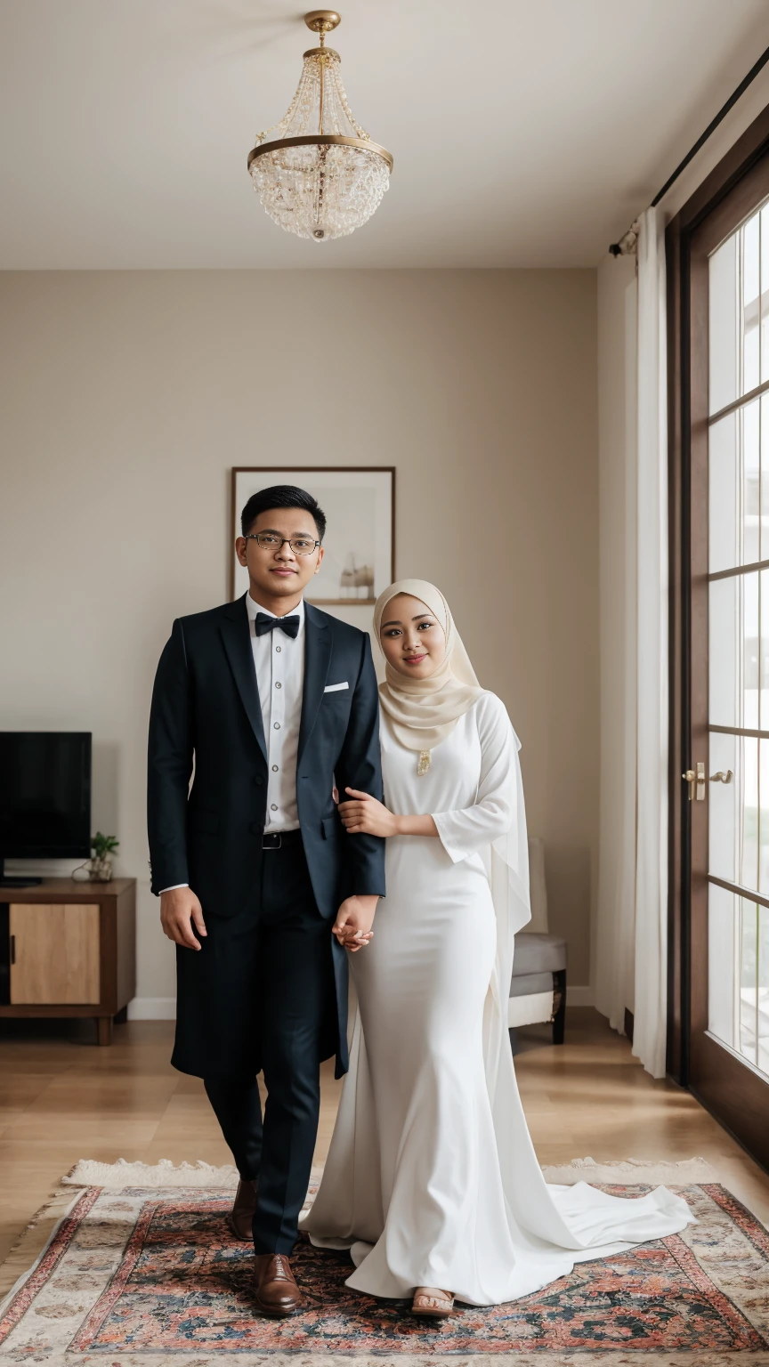 studio photo of a young Indonesian couple. full body, 32 year old husband with neat thin hair and a clean face wearing a suit, 30 year old wife wearing a hijab and abaya, detailed face, detailed clothes, living room background, bright lighting, bright sunlight, detailed background