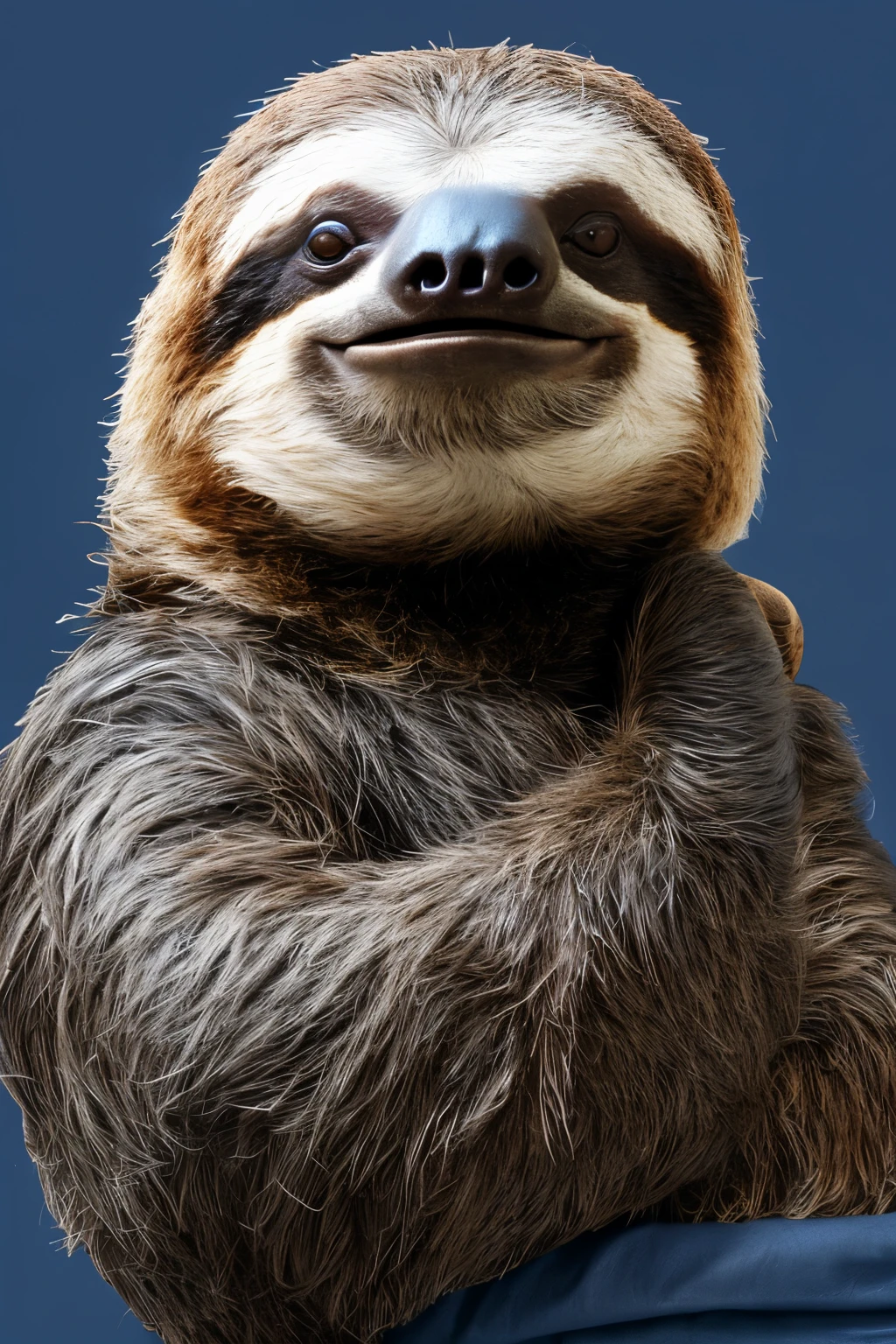 hyper realistic animal sloth with its arm etendend to the front, wearing black biker leather clothes extending his arm showing a tiny sachet, showing product, sitting on a bed with light blue sheets