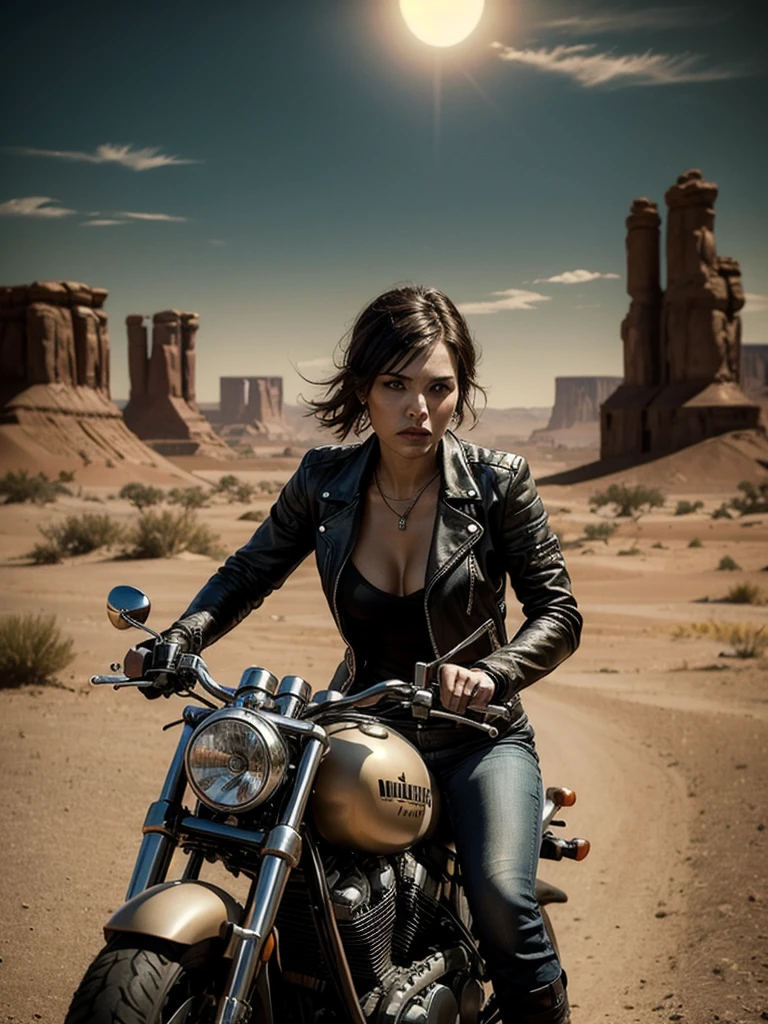 (masterpiece:1.2, best quality), female biker gang. armed and dangerous. mad max fashion style. desert apocalypse background, cinematic lighting.