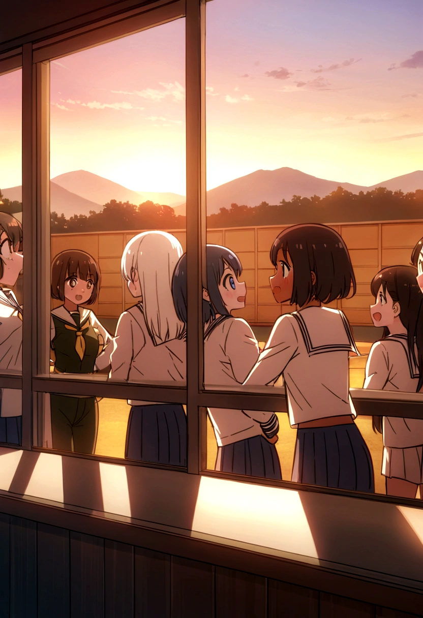 Highest quality、high resolution、Detailed Description、Detailed Background、Accurate depiction、animeスタイル、anime、Four Girlore than one person、元気なFour Girls、Dark Skin、Sailor suit、army base、Chat、chatting、Black Short Hair、Big eyes、cute、Sunset、Shooting range and mountain view from the window