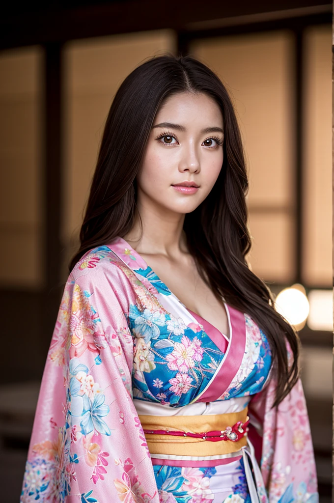 Realistic, Highest quality, 8K, woman, 20-year-old, Sakura pattern kimono, Large bust, Long Hair, Ultra-detailed skin textures, Soft lighting, Fairy, Bokeh