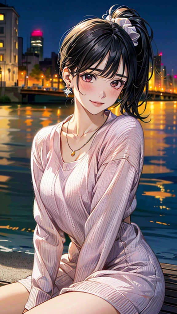 (masterpiece:1.3, Highest quality, Ultra-high resolution, Super detailed), (Realistic, photoRealistic:1.4), Beautiful illustrations, Perfect lighting, colorful, Depth of written boundary, Beautiful detailed hair, Beautifully detailed face, Beautiful fine details, Droopy eyes、Beautiful clavicle, Beautiful body, 美しいLarge Breasts, Beautiful thighs, Beautiful feet, Beautiful fingers, View Viewer、Front view:0.6, Beauty1人, Japanese, Beauty、30 years old, Perfect Face, (Perfect Anatomy, Anatomically correct), Cute and symmetrical face, Baby Face, , Shiny skin, (Pink long sleeve knit A-line dress:1.4) (Black Hair, Side Ponytail:1.4), braided bangs、Dark brown eyes, Large Breasts, Slim body, necklace, Small earrings:1.1, (Beautiful views), (night), (city, cityscape in the distance), Riverside、Sitting on a bench, A soft smile、(Smile, Lips parted),
