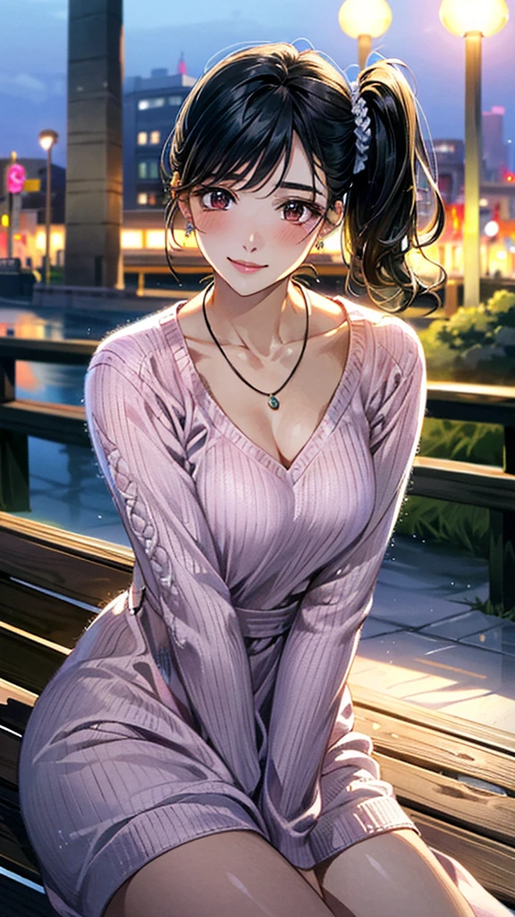 (masterpiece:1.3, Highest quality, Ultra-high resolution, Super detailed), (Realistic, photoRealistic:1.4), Beautiful illustrations, Perfect lighting, colorful, Depth of written boundary, Beautiful detailed hair, Beautifully detailed face, Beautiful fine details, Droopy eyes、Beautiful clavicle, Beautiful body, 美しいLarge Breasts, Beautiful thighs, Beautiful feet, Beautiful fingers, View Viewer、Front view:0.6, Beauty1人, Japanese, Beauty、30 years old, Perfect Face, (Perfect Anatomy, Anatomically correct), Cute and symmetrical face, Baby Face, , Shiny skin, (Pink long sleeve knit A-line dress:1.4) (Black Hair, Side Ponytail:1.4), braided bangs、Dark brown eyes, Large Breasts, Slim body, necklace, Small earrings:1.1, (Beautiful views), (night), (city, cityscape in the distance), Riverside、Sitting on a bench, A soft smile、(Smile, Lips parted),