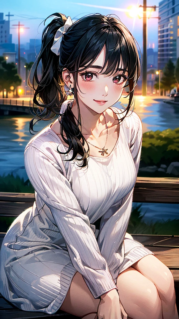 (masterpiece:1.3, Highest quality, Ultra-high resolution, Super detailed), (Realistic, photoRealistic:1.4), Beautiful illustrations, Perfect lighting, colorful, Depth of written boundary, Beautiful detailed hair, Beautifully detailed face, Beautiful fine details, Droopy eyes、Beautiful clavicle, Beautiful body, 美しいLarge Breasts, Beautiful thighs, Beautiful feet, Beautiful fingers, View Viewer、Front view:0.6, Beauty1人, Japanese, Beauty、30 years old, Perfect Face, (Perfect Anatomy, Anatomically correct), Cute and symmetrical face, Baby Face, , Shiny skin, (Pink long sleeve knit A-line dress:1.4) (Black Hair, Side Ponytail:1.4), braided bangs、Dark brown eyes, Large Breasts, Slim body, necklace, Small earrings:1.1, (Beautiful views), (night), (city, cityscape in the distance), Riverside、Sitting on a bench, A soft smile、(Smile, Lips parted),