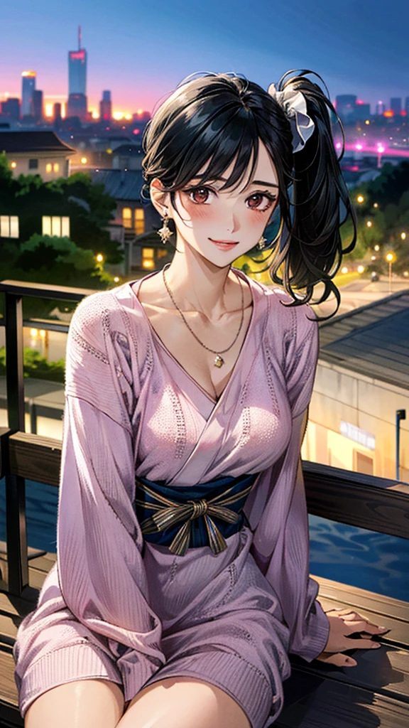 (masterpiece:1.3, Highest quality, Ultra-high resolution, Super detailed), (Realistic, photoRealistic:1.4), Beautiful illustrations, Perfect lighting, colorful, Depth of written boundary, Beautiful detailed hair, Beautifully detailed face, Beautiful fine details, Droopy eyes、Beautiful clavicle, Beautiful body, 美しいLarge Breasts, Beautiful thighs, Beautiful feet, Beautiful fingers, View Viewer、Front view:0.6, Beauty1人, Japanese, Beauty、30 years old, Perfect Face, (Perfect Anatomy, Anatomically correct), Cute and symmetrical face, , , Shiny skin, (Pink long sleeve knit A-line dress:1.4) (Black Hair, Side Ponytail:1.4), braided bangs、Dark brown eyes, Large Breasts, Slim body, necklace, Small earrings:1.1, (Beautiful views), (night), (city, cityscape in the distance), Riverside、Sitting on a bench, A soft smile、(Smile, Lips parted),