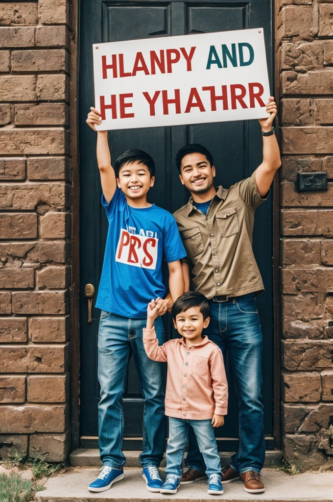 I want a picture of a family with a decorated sign that says happy father's day, and let the background be stars