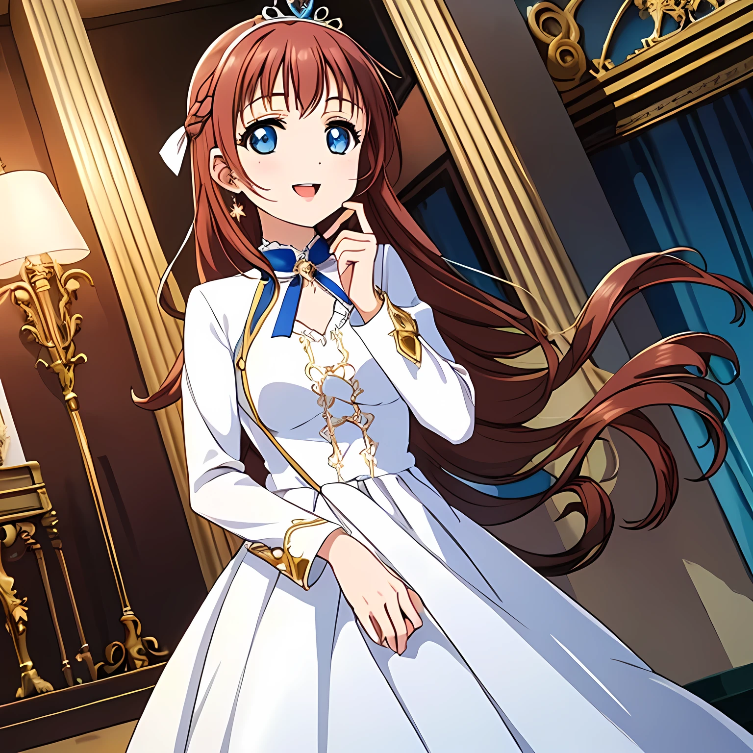 (highest quality, masterpiece:1.2), highest quality, High resolution, 1080P, 8K, Height: 158cm, ((High-definition game CG)), ((Like a beautiful girl dreaming of a game heroine、A very intelligent, noble, elegant and beautiful princess.、With the best smile、Looking at the audience、Hands over their mouths)), A face that everyone loves, Glossy lips, Even bangs, ((Very beautiful blue eyes)), ((Very beautiful and long hair)), (((The most luxurious in the world、Rococo dress))), ((tiara studded with diamonds)), So many gemstones, Extremely lustrous, shiny game heroine lips, A girl with her open hand over her open mouth, like a game heroine, Ribbon in hair, Tight waist, slender, The ribbon is big and very pretty., Beautiful hair like a hair model, Long skirt, ((((French palace ballroom))))