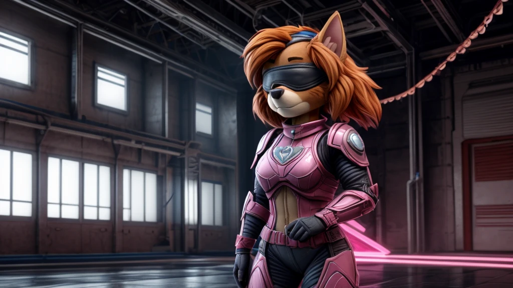 Skye from Paw Patrol, female cockapoo, anthro, adult, orange hair, blindfold, she is blind, pink combat armor suit, serious, standing, detailed, solo, beautiful, high quality, 4K