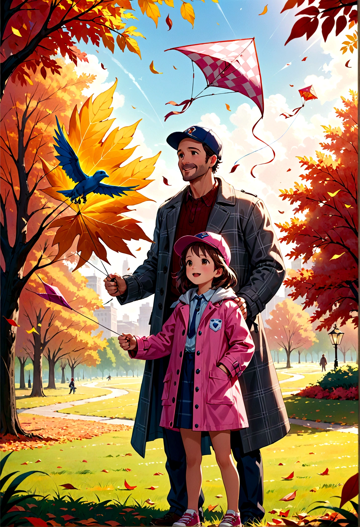 Father and Daughter, A heartwarming scene of a father figure and a child in an autumnal park. A gentle man with gray stubble, in a checkered coat and cap, teaches a jubilant girl in a pink raincoat to fly a kite. Their cheerful expressions and colorful clothing brighten the fallen leaves around them. Cinematic film still, shot on v-raptor XL, film grain, vignette, color graded, post-processed, cinematic lighting, 35mm film, atmospheric, a masterpiece, epic, stunning, dramatic, masterpiece, best quality, very aesthetic, absurdres