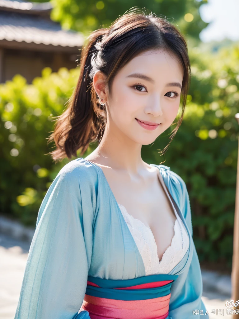 (8K, Raw-Foto, best quality, perfect body, masterpiece:1.2),(realisti, foto realisti:1.4),(Hochdetailliertes CG Unity 8K-Hintergrundbild),(round face: 1.5),beautiful woman, whole upper body,charming kimono, medium breasts, medium-sized well-formed breasts,ponytail hairstyle, pretty colorful long hanging earrings,(boy, but very beautiful 2o--old ean, pretty eyes, ponytail, short hair, little smile,Looking forward,looking at the camera,Unforgettable eyes,The eyes are so beautiful., in front of Japanese villa, medieval Japan