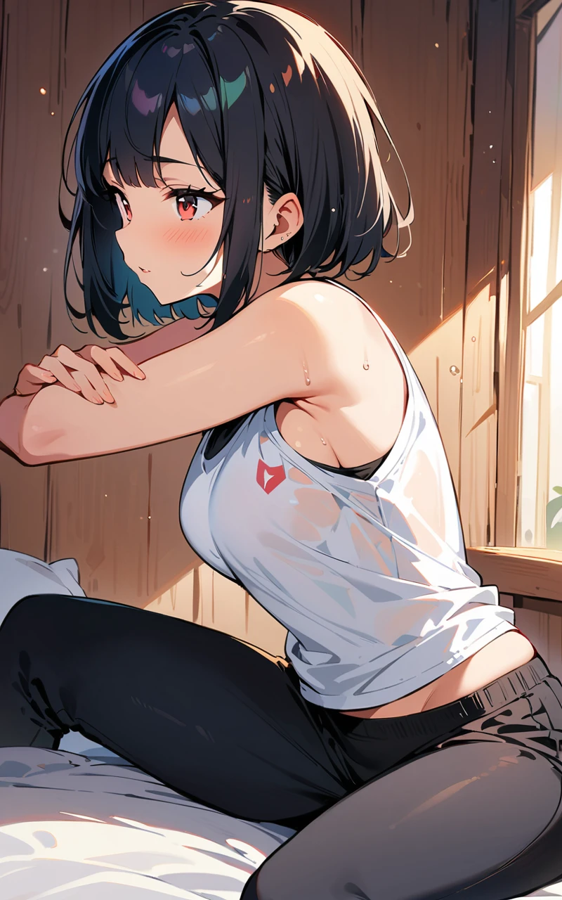 (masterpiece, Highest quality:1.2), {best quality}, {very aesthetic}, {ultra-detailed}, {best illustration}, nsfw,training wear, yoga, yoga pose, sit, open legs, indoor, on bed,Bobcut, Bluish black hair、White sleeveless tank top，Pink Thong,
