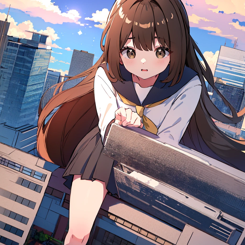 Giant girl wearing sneakers,Sailor Suit,Female Giant, high resolution, (动漫wind格:1.1), ((On the table)), ((best quality)), (Extremely detailed), (beautiful), solo, beautiful face、(Lift),Looking down at skyscrapers from 2000 meters,so cute,wind,Thinning brown hair, Eyes are brown,lol,Looking at the audience,lens flare,dramatic,Ancient City、裙子在wind中飘扬、The clouds below looking down、Highlands,