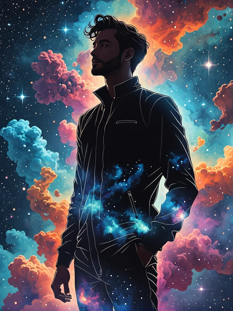 a handsome man, full body selfie, silhouette, illustration, nebula, space