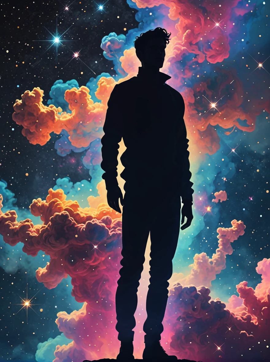 a handsome man, full body selfie, silhouette, illustration, nebula, space